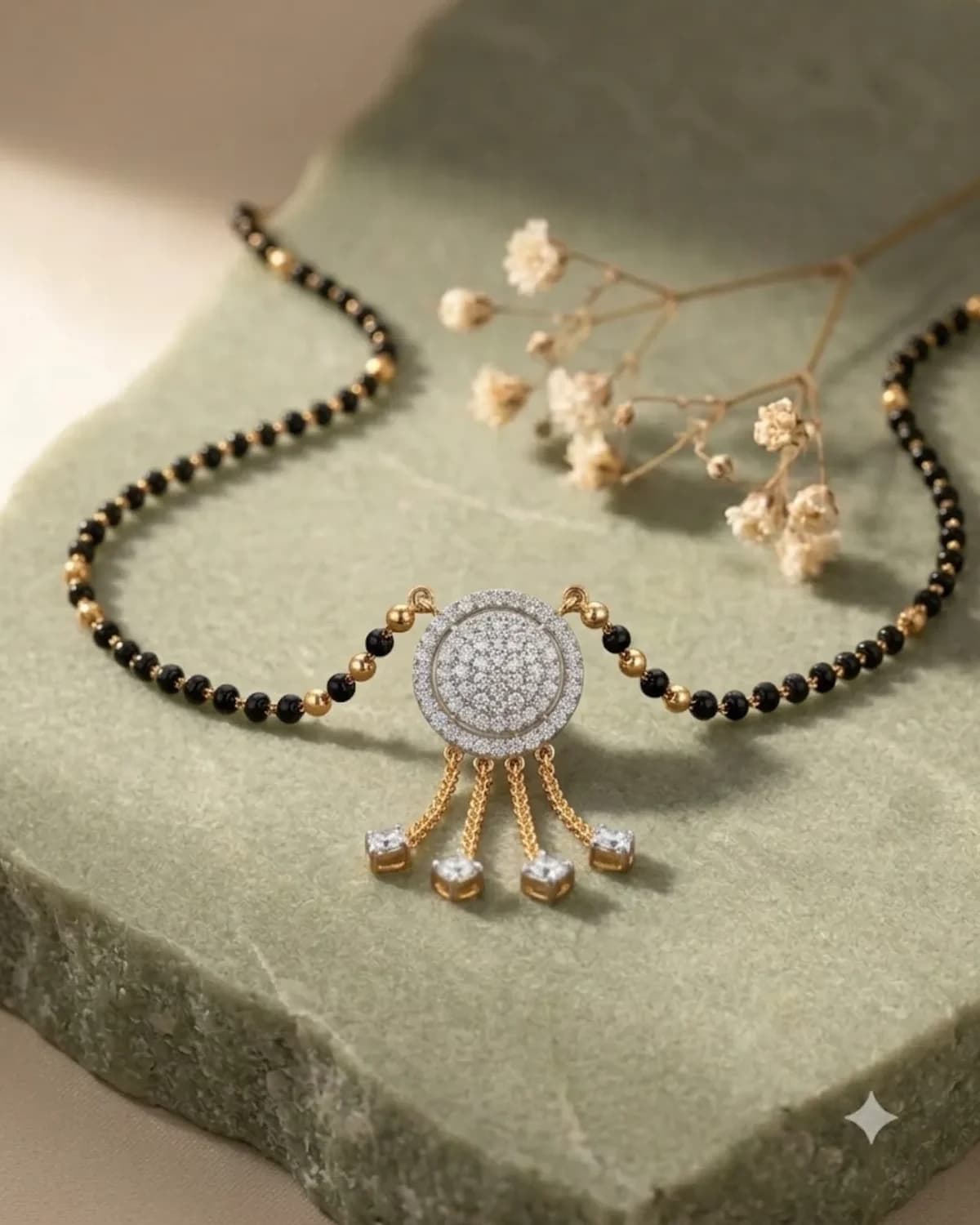 Saundarya mangalsutra — twin black-bead strands with a crystal vati pendant