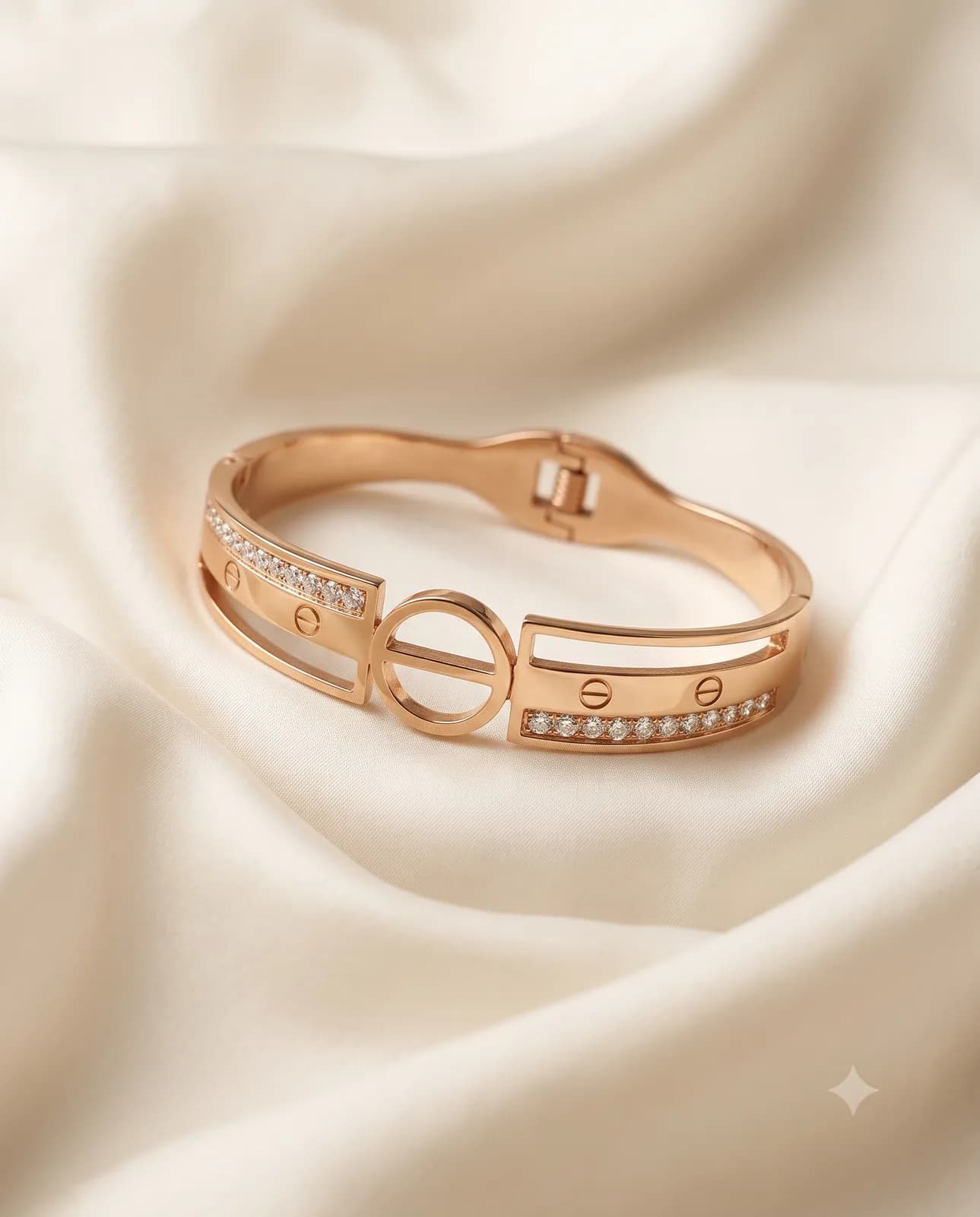 Solène Architectural Bangle resting elegantly on ivory silk fabric