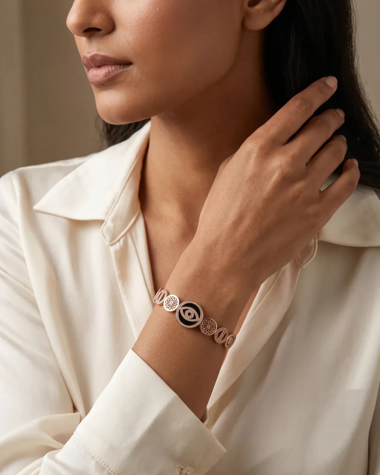 Front view of Vana Protective Bangle featuring the central evil eye motif