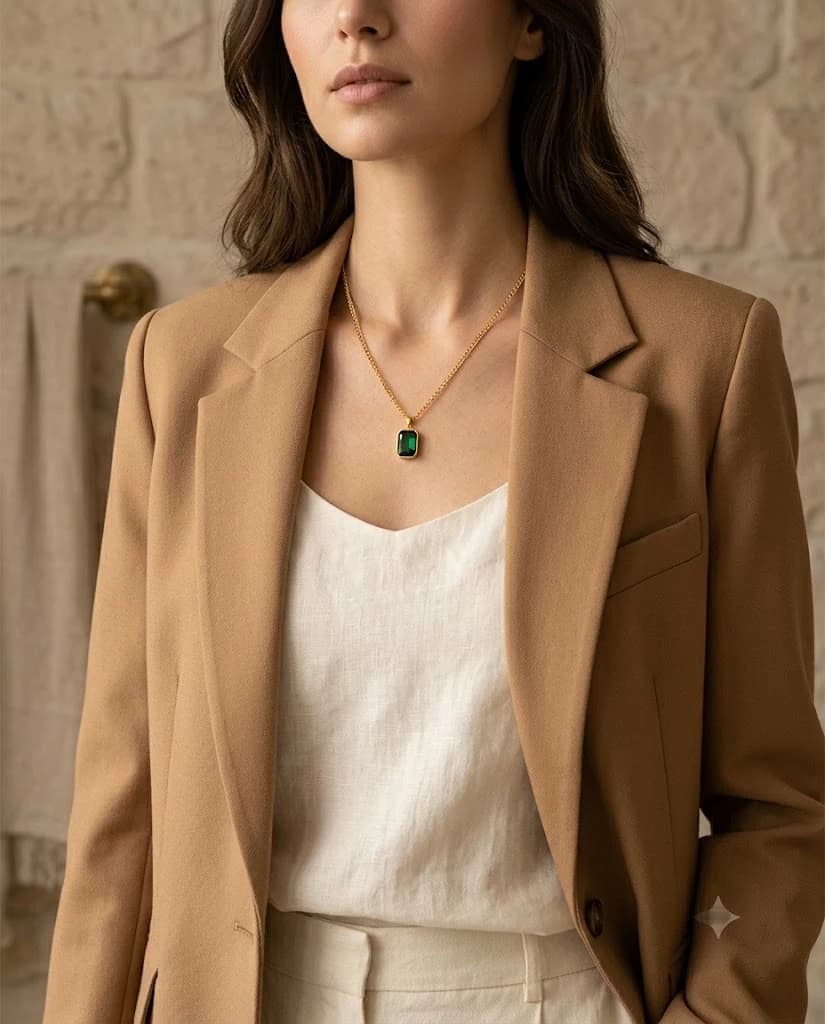 Solène Emerald Pendant necklace resting on a draped cream fabric background.