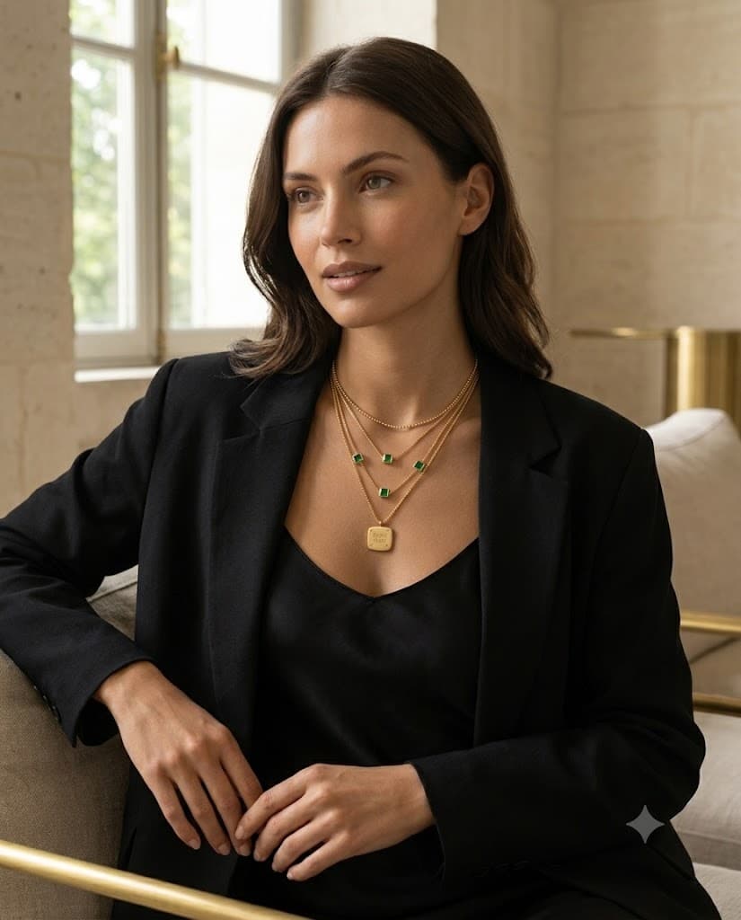 Vana Layered Pendant necklace displayed against a soft, draped cream-colored fabric.