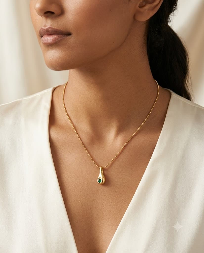 Elara Teardrop Pendant necklace resting on draped cream fabric.