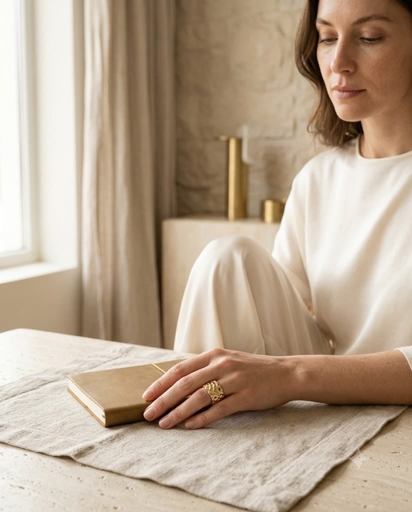 Ondine Molten Band ring resting elegantly on a soft cream fabric background.